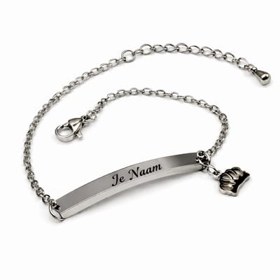 Armband met graveer, Armband met naam, Gepersonaliseerde naamarmband met kroonbedel - zilverkleurig, Armband met naamplaatje ,graveerarmband