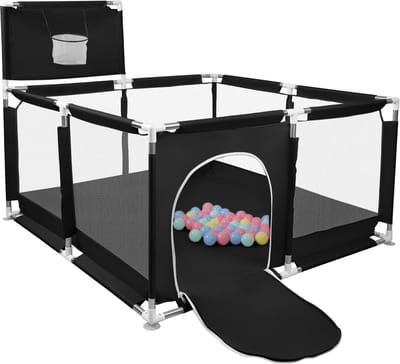PIPIPOXER Babybox 126*126cm Boxhekje met 50 ballen, basketbalring, antislipbodem-Zwart