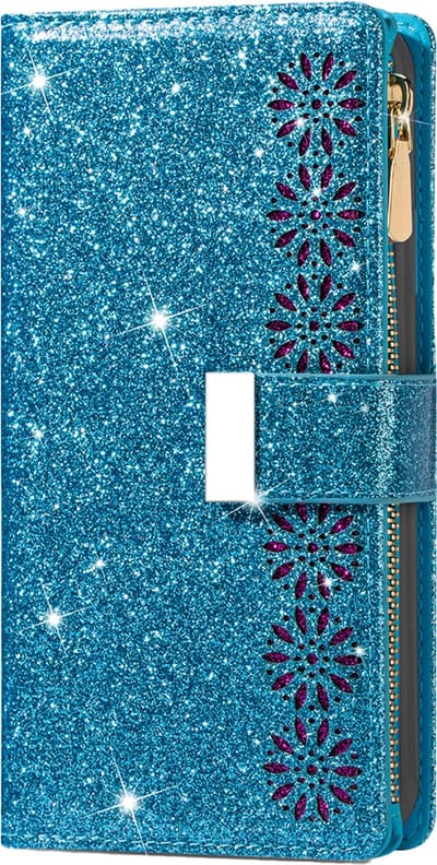 Hoesje geschikt voor iPhone 16 - Bookcase - Koord - Pasjeshouder - Portemonnee - Glitter - Bloemenpatroon - Kunstleer - Blauw