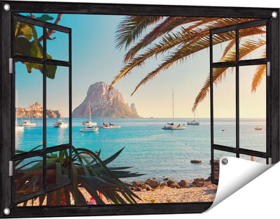 Gards Tuinposter Doorkijk Ibiza Cala d'Hort Strand - 90x60 cm - Tuindoek - Tuindecoratie - Wanddecoratie buiten - Tuinschilderij