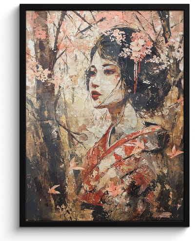 Poster in lijst - Fotolijst 60x80 cm - Posters - Kimono - Vrouw - kersenbomen - Posterlijst zwart - Decoratie - Wanddecoratie woonkamer - Muurdecoratie slaapkamer