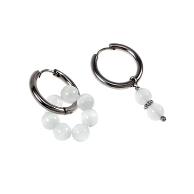 ∅19mm Oorringen Dames - Witte Kattenoog Natuursteen - RVS - Oorbellen met Kralen Hangers