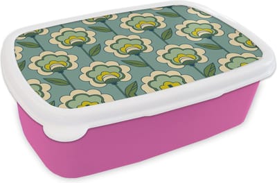 Broodtrommel Roze - Lunchbox Retro - Design - Jaren 70 - Bloem - Brooddoos 18x12x6 cm - Brood lunch box - Broodtrommels voor kinderen en volwassenen