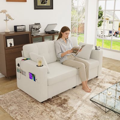 DESMIU Zitbank 172 Cm - 2-Zits Met USB, Opberglades, Bekerhouders En Zijvakken - Voor Woonkamer En Leeshoek - Chenille Beige