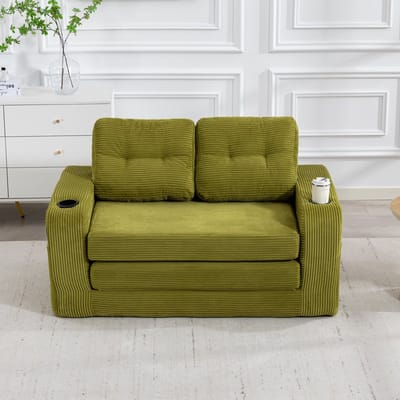 MODFU 2-Zits Vloersofa - Modulair - Met Bekerhouders En Opbergvakken - Cord - Olijfgroen - 136 x 80 x 82,5 cm