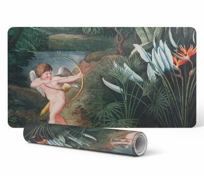 Vinyl bureauonderlegger met een stijlvolle print van Cupido tussen de bloemen, 90x45 cm