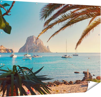 Gards Tuinposter Ibiza Cala d'Hort Strand - 150x120 cm - Tuindoek - Tuindecoratie - Wanddecoratie buiten - Tuinschilderij