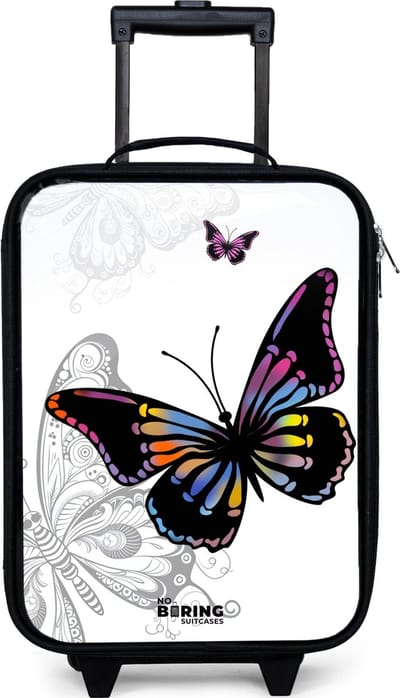 NoBoringSuitcases.com® - Kinderkoffer jongen - Kindertrolley meisje - Petal papillon - Koffer kind lichtgewicht - Reiskoffer trolley voor kinderen - Koffertje met lichtgevende wieltjes - Rolkoffer zwart