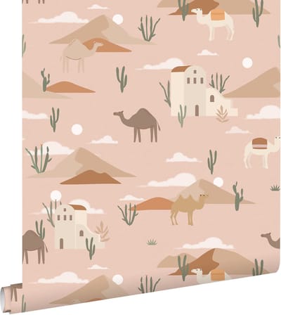 ESTAhome behang kamelen en cactussen terracotta roze - 50 x 900 cm - 139703