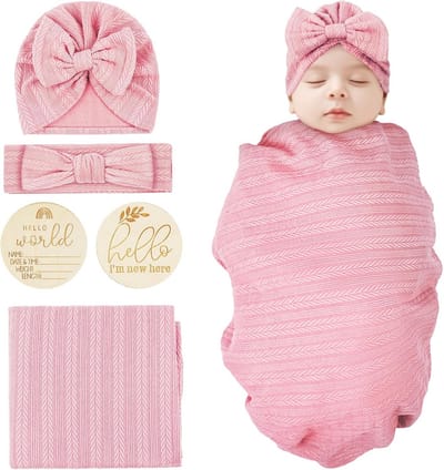 Zachte en Ademende Baby Swaddle Deken van Biologisch Katoen met Bijpassende Hoofdband en Strik voor Pasgeborenen - Roze
