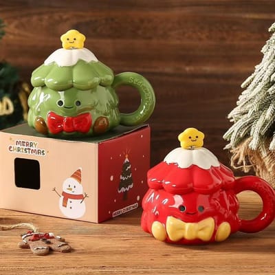Schattige Kerstcadeau Mok Creatieve Kerstboom met Deksel Keramische Kop Huishouden Stel Waterbeker Souvenir 401-500ml beige