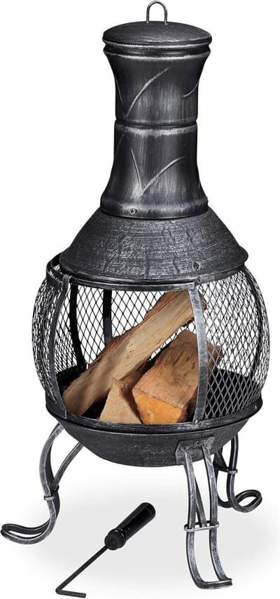 Antieke tuinhaard met pook en houtrooster - vonkenscherm voor tuin en terras - hoogte 89 cm grijs