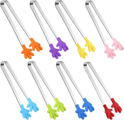 Mini Handtangen Set van 8 Stuks, Silicone en RVS Voedsel Tangen, Kleurrijke Kindertangen voor Koken, Barbecue en Buffet met Antislip Handgreep
