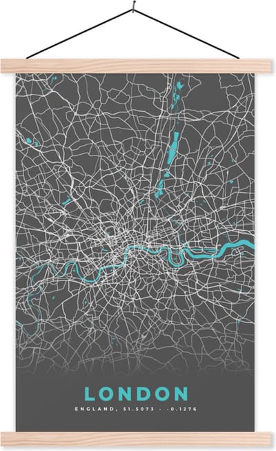 Posterhanger incl. Poster 40x60 cm - Schoolplaat - Londen - Stadskaart - Blauw - Kaart - Plattegrond - Textielposter - Blanke latten - Stadskaart