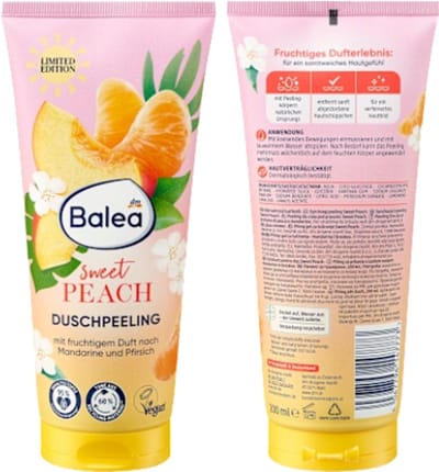Balea Lichaamsscrub Sweet Peach - Bodyscrub | 1x 200 ml - met Perzik en Mandarijn Geur | Met Exfoliërende Korrels van Natuurlijke Oorsprong - Limited Edition 2025