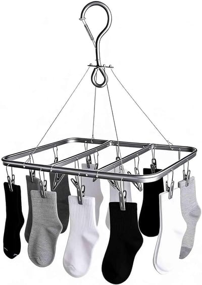 Droogrek met 16 clips, opvouwbare sokkendroger van aluminium, 360° draaibaar, hangend wasrek voor badkamer, balkon en camping