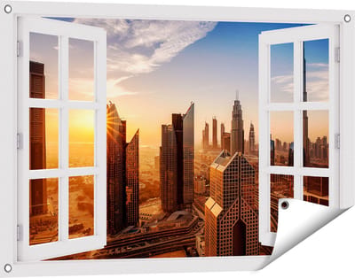 Gards Tuinposter Doorkijk Dubai Stad bij Zonsopgang - 90x60 cm - Tuindoek - Tuindecoratie - Wanddecoratie buiten - Tuinschilderij