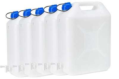 Jerrycan 20 Liter 5-Pack met Kraan voor Drinkwater – BPA-vrij – Water Jerrycans – Camping en Noodvoorraad