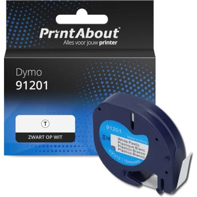 PrintAbout huismerk Tape 91201 (S0721610) Zwart op wit (12 mm) Geschikt voor Dymo