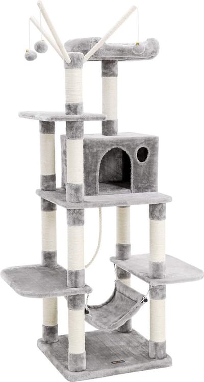 Krabpaal - Klimboom - Stabiele Kraal - Met Hangmat - Hol - Speelsisal 154 cm, Lichtgrijs