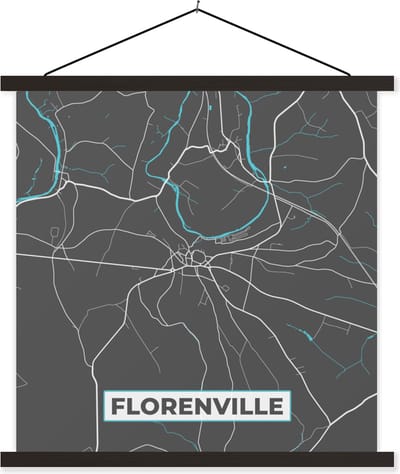 Posterhanger incl. Poster 60x60 cm - Schoolplaat - Stadskaart – Grijs - Kaart – Florenville – België – Plattegrond - Textielposter - Zwarte latten - Stadskaart