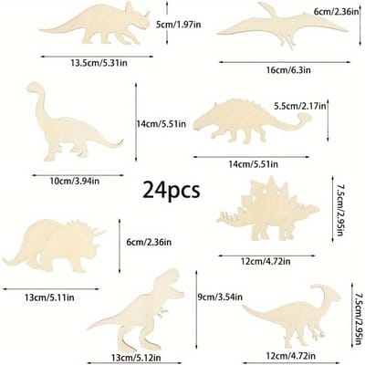 Lot de 24 découpes en bois de dinosaures - Formes de Tyrannosaure, Tricératops, Stégosaure à peindre et à teindre pour l'artisanat DIY et la décoration intérieure 24pcs beige