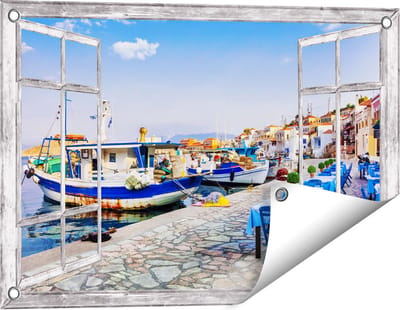 Gards Tuinposter Doorkijk Chalki Eiland - 60x40 cm - Tuindoek - Tuindecoratie - Wanddecoratie buiten - Tuinschilderij
