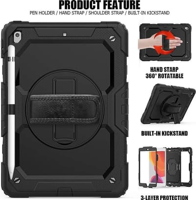 Hoes geschikt voor iPad 2021/2020/2019 (10.2 inch) met screenprotector, handriem en schouderriem voor Horeca en Bouw - Zwart