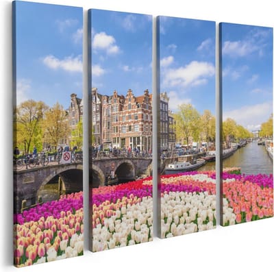 Artaza Canvas Schilderij Vierluik Amsterdamse Huisjes Aan De Grachten  - 80x60 - Foto Op Canvas - Canvas Print