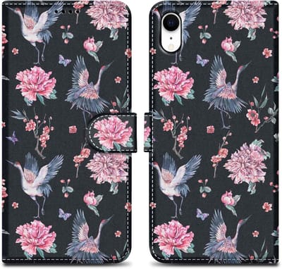 Cadorabo Hoesje geschikt voor Apple iPhone XR - Design Kraan & Bloemen No. 9 - Beschermhoes Case Cover met magnetische sluiting, standaardfunctie en kaartvakje