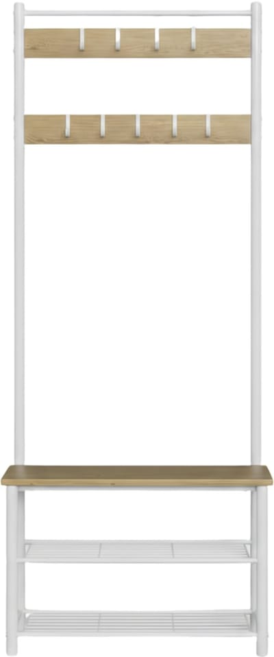 KAD® Kapstok met Schoenenrek & Bankje - Industrieel Halmeubel - Garderobe met Zitting - Wit - 70cm x 33cm x 175cm