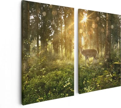 Artaza Canvas Schilderij Tweeluik Hert In Bos Met Zon - 80x60 - Foto Op Canvas - Canvas Print