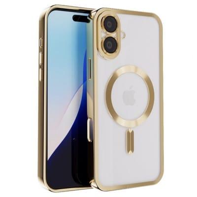YPCd MagSafe Hoesje Geschikt voor Apple iPhone 16 Plus – Transparante TPU Backcover – Verhoogde Camerabescherming – Goud