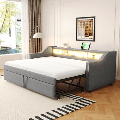 DESMIU Slaapbank 90x190 cm – Uitschuifbaar Bed Met LED En USB – 3 Opbergvakken Aan De Zijkant – Voor Logeerkamer En Jeugdkamer – Lichtgrijs – Zonder Matras