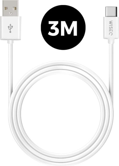 USB A naar USB C oplaadkabel 3 meter – fast charge kabel – oplaadsnoer USB C naar USB A - geschikt voor iPhone & Samsung - wit – WiseQ