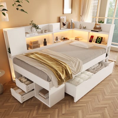 Daybed - 90x200 - Multifunctioneel bed met LED, USB en Type-C, lades en planken - hout - wit - zonder matras