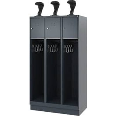 Brandweerkluis C+P Evolo Youngster, 3 vakken, met helmhouder, met sokkel, B 900 x D 500 x H 1630 mm, RAL 7016 antracietgrijs