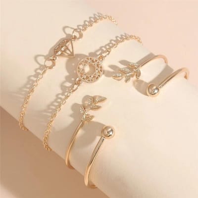 Accessoires, Eenvoudige Blad Diamant Droomvanger Armband, Accessoires voor Vrouwen, Sfeervolle Zomer Veelzijdige 4-delige Armbandenset goud