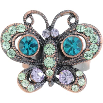 Behave - Ring - Verstelbare Vlinderring – Antiek Koperlook met Blauwe, Groene en Paarse Kristallen – Vintage Boho Sieraad