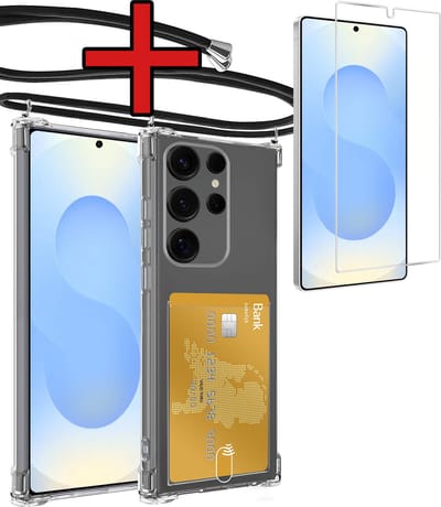 Hoesje Geschikt voor Samsung S25 Ultra Hoesje Met Telefoonkoord en Pasjeshouder Met Screenprotector Siliconen - Hoes Geschikt voor Samsung Galaxy S25 Ultra Hoesje Met Kaarthouder Shock Proof Case - Transparant