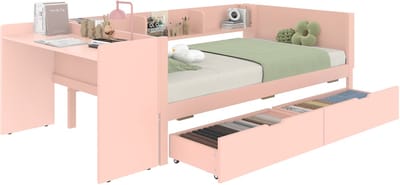 Plat bed - houten bed - 90x200cm - met bureau - voorzien van 2 lades - eenpersoonsbed - zonder matras - grenen spaanplaat - roze