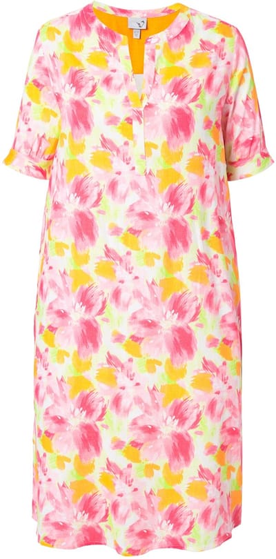 Ulla Popken - Dames - Tuniekjurk linnenmix bloemen opstaande kraag halve mouwen - Sneeuwwit - Maat 42+