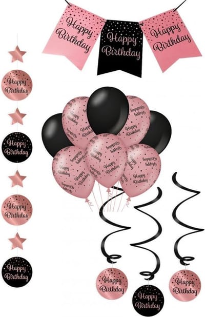 Feest versiering pakket 5 delig rose goud-zwart - Happy Birthday - luxe set.