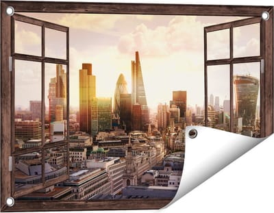Gards Tuinposter Doorkijk Londen bij Zonsondergang in een Moderne Wijk - 60x40 cm - Tuindoek - Tuindecoratie - Wanddecoratie buiten - Tuinschilderij