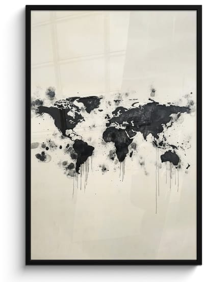 Poster in lijst - Fotolijst 80x120 cm - Posters - Wereldkaart - Zwart - Inkt - Posterlijst zwart - Decoratie - Wanddecoratie woonkamer - Muurdecoratie slaapkamer