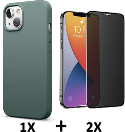 HB Hoesje Geschikt voor Apple iPhone 13 - Groen / 2X Privacy Glazen Screenprotector - Siliconen Back Cover
