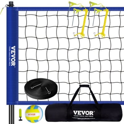 VEVOR Volleybalnet in Hoogte Verstelbare Volleybalnetset, 9,7x2,4m Draagbaar Strandvolleybalnet, Blauw Volleybalnet Opvouwbaar Volleybalnet met Volleybal en Draagtas, voor Tuin, Strand