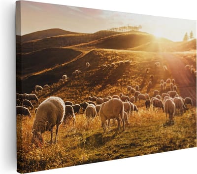 Artaza Canvas Schilderij Kudde Schapen - 30x20 cm - Klein - Wanddecoratie Dieren - Muurdecoratie Zonsondergang - Schilderijen Op Canvas