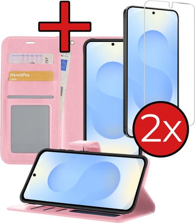 Hoesje - Met 2x Screenprotector - Geschikt voor Samsung Galaxy S25 - Luxe Pasjeshouder - Flip Case - Bookcase Portemonee - Kunstleer Book Case - Flipcase Hoes - Book Cover - Walletcase - Portemonneehoes - Telefoonhoes - Lichtroze