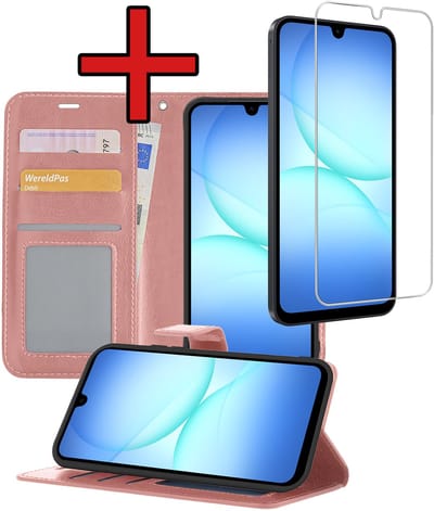 Hoesje - Met Screenprotector - Geschikt voor Samsung Galaxy A17 - Luxe Pasjeshouder - Flipcase - Bookcase Portemonee - Flip Case - Kunstleer Book Case - Book Cover - Walletcase - Portemonneehoes - Telefoonhoes - Rosé goud
